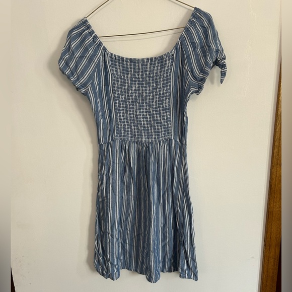 Hollister Blue and White Striped Off-Shoulder Dress with Floral Embroidery - Picture 2 of 7